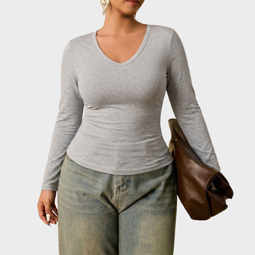 Solid Ribbed Long Sleeve Top V Neck Slim Fit Casual