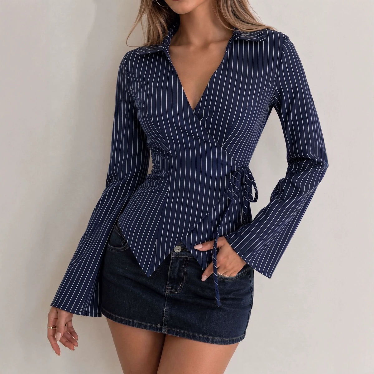 Striped Bell Sleeve Wrap Blouse Tie Waist Top