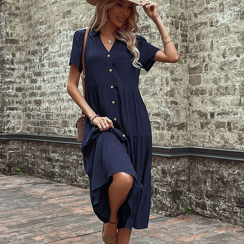 Women's  Button Front Tiered Midi Shirt Dress Casual Summer Dress