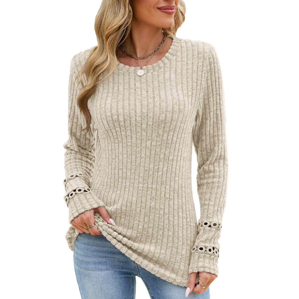 Women's Eyelet Cuff Ribbed Tunic Top Long Sleeve Loose Fit