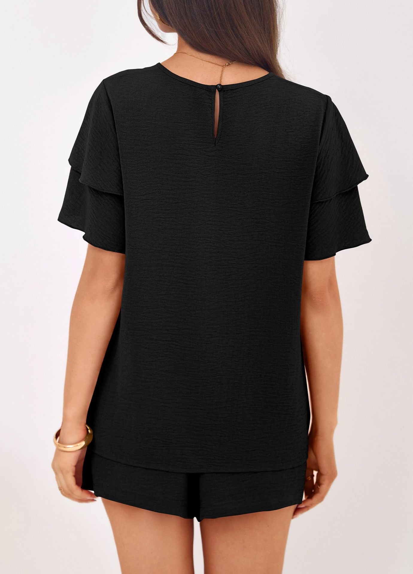Casual Solid Ruffle Sleeve Short Set Lounge Outfit