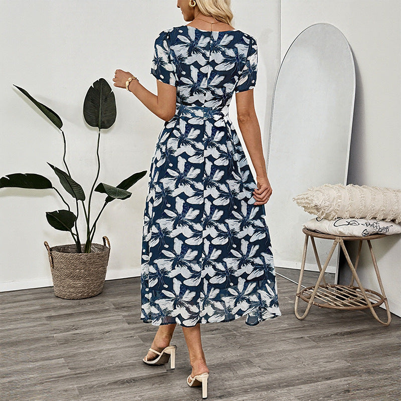 Elegant French Square Neck Floral Print Waist Cinch Dress