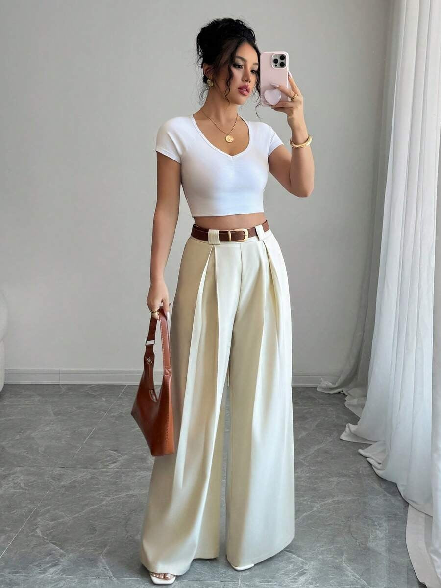Women's High Waist Pleated Wide Leg Dress Pants