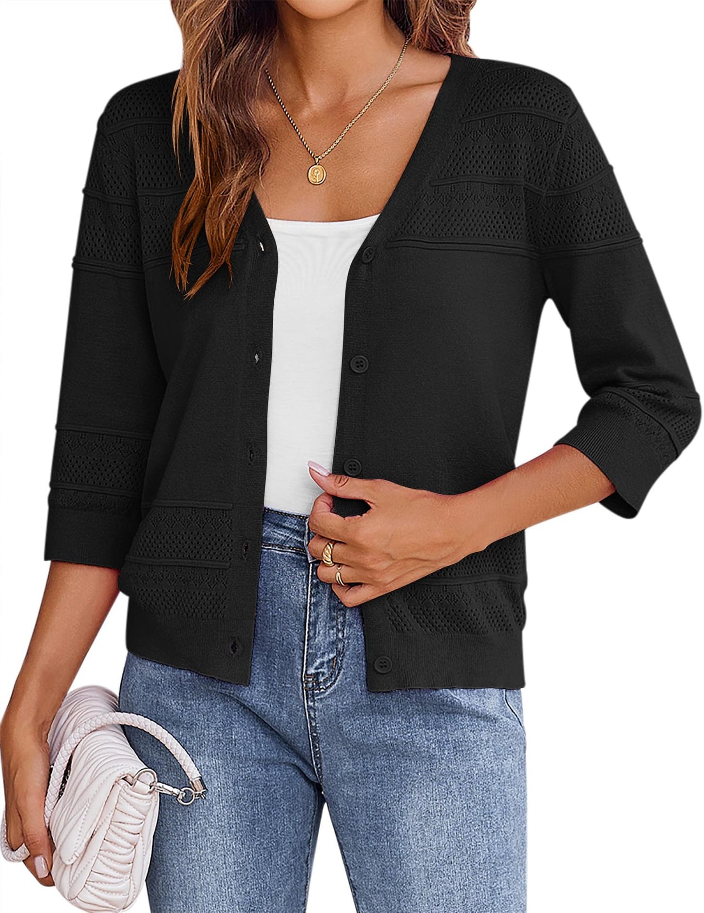 Lace Pattern V Neck Button Front Summer Sweater