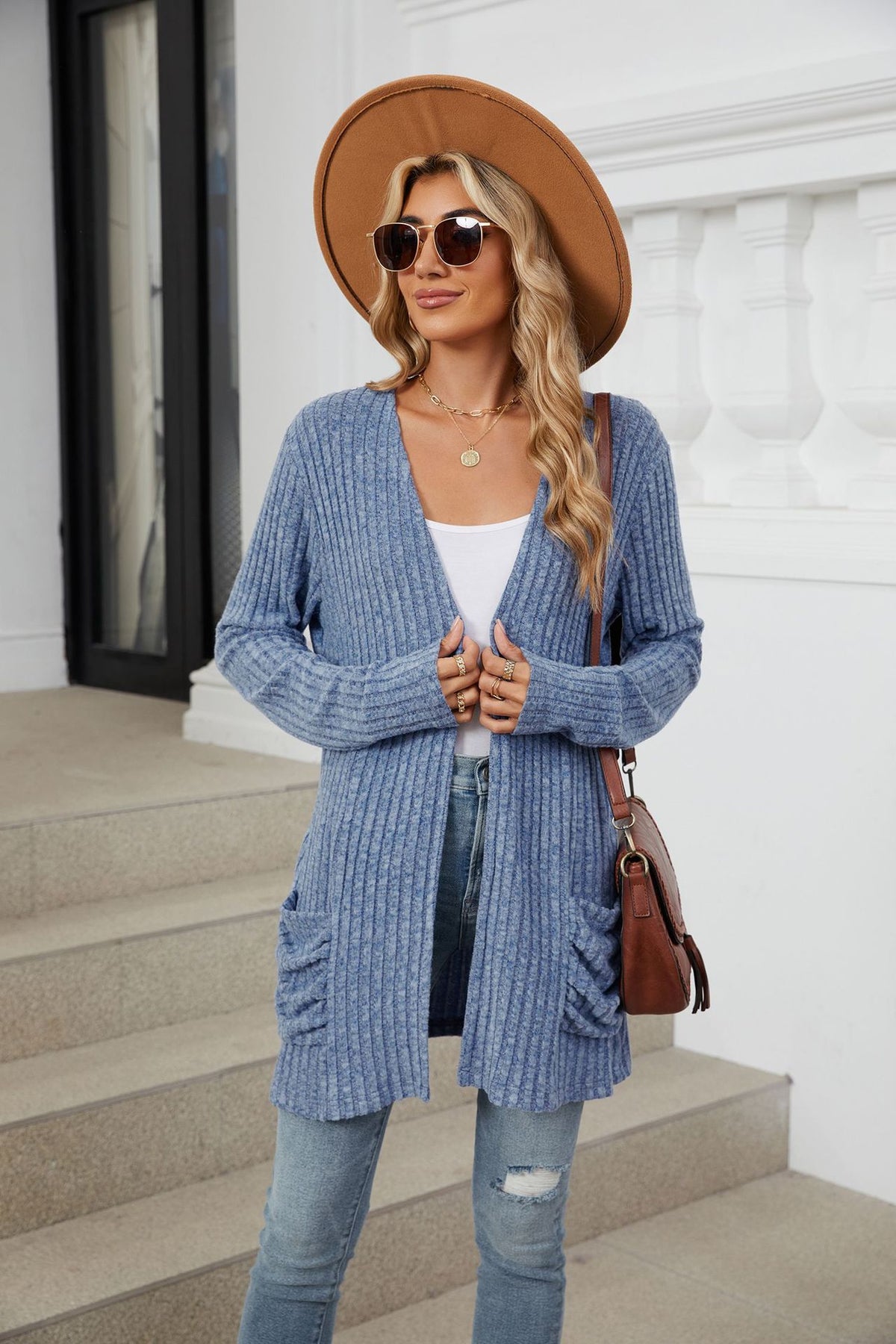 Women's Long Ribbed Open Front Cardigan with Pockets