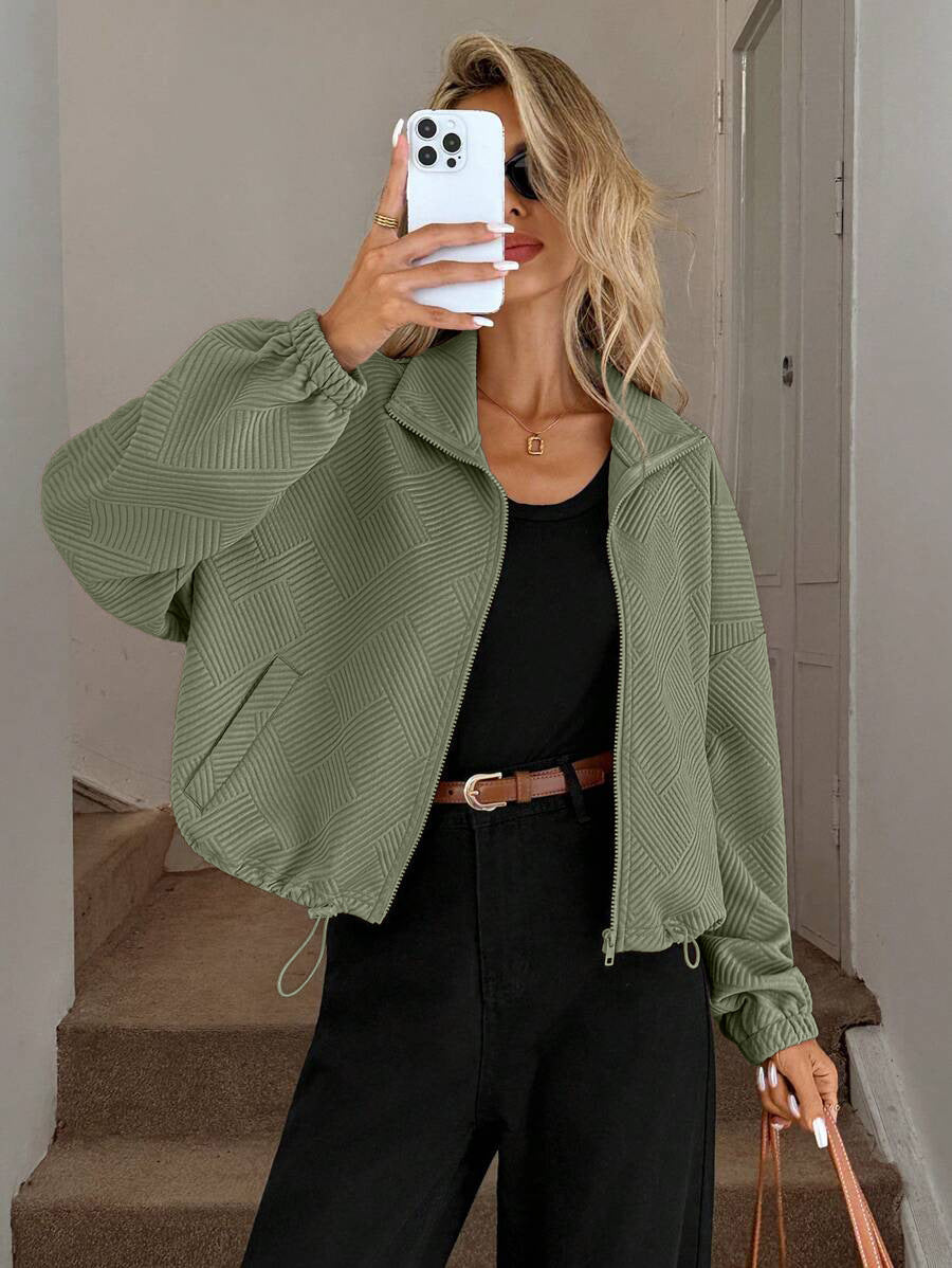 Textured Polyester Jacket Casual Bomber Oversized Zip Up