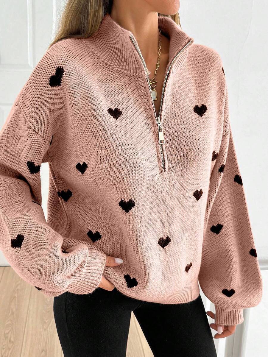 Half Zip Sweater with Heart Print, Oversized Knit Pullover