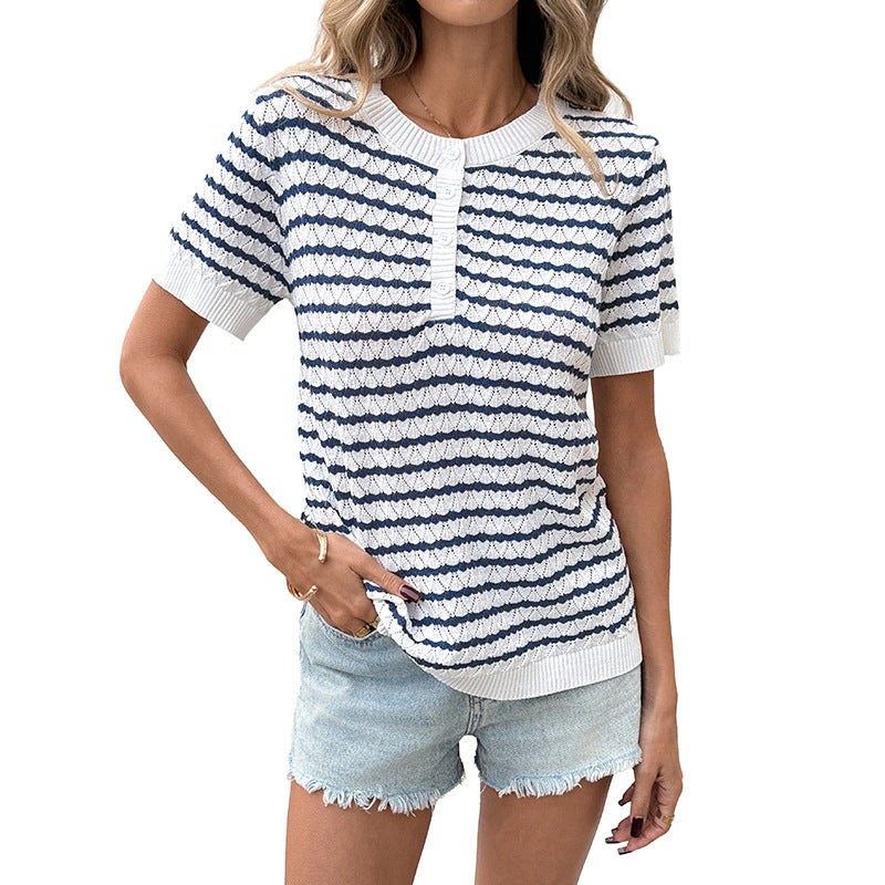 Striped Knit Short Sleeve Henley Sweater Casual Summer Top