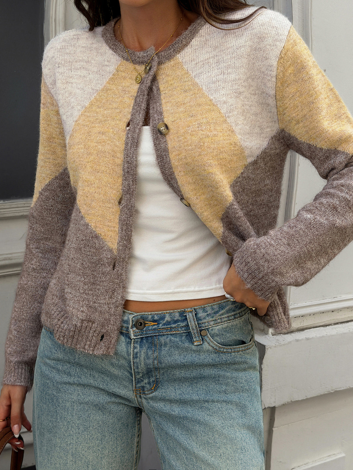 Colorblock Cropped Cardigan Button Front Knit Sweater