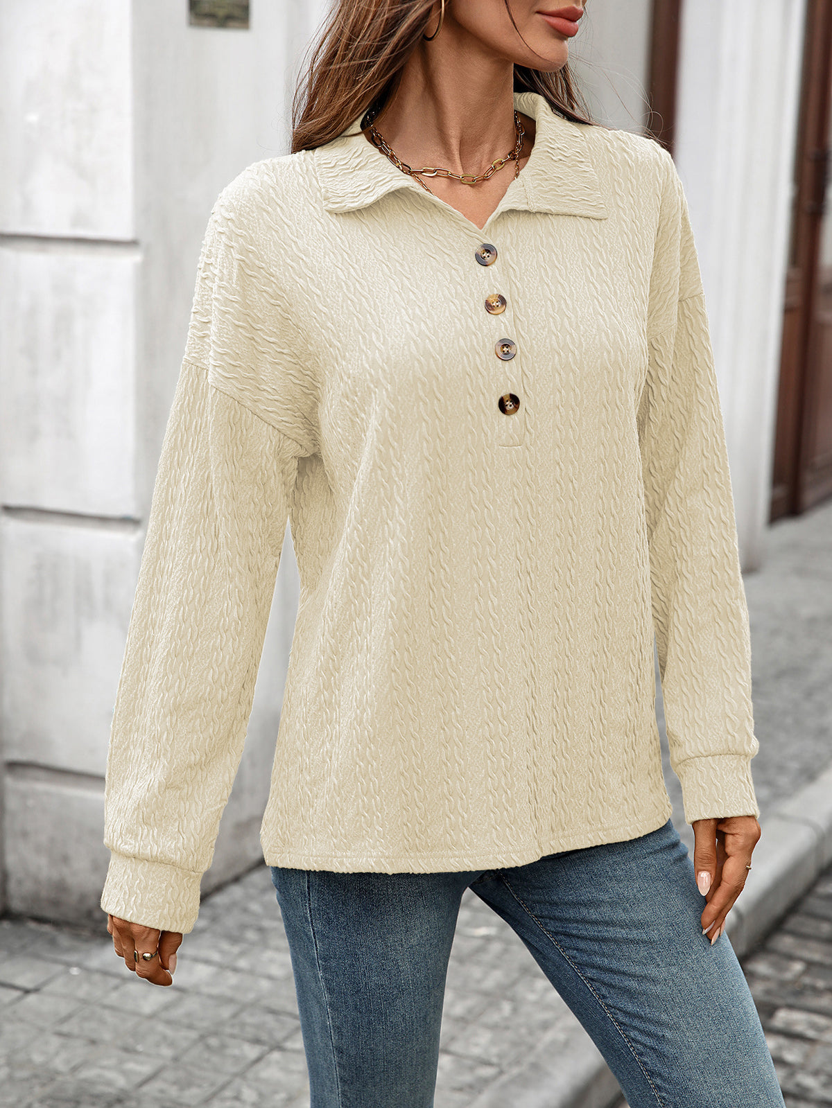 Women's Collared Button Long Sleeve Oversized Sweatshirt