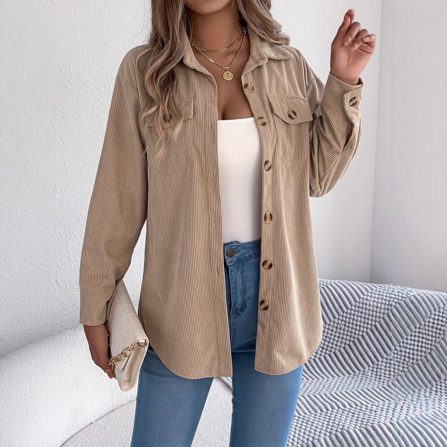 Corduroy Shacket Button Front Relaxed Fit