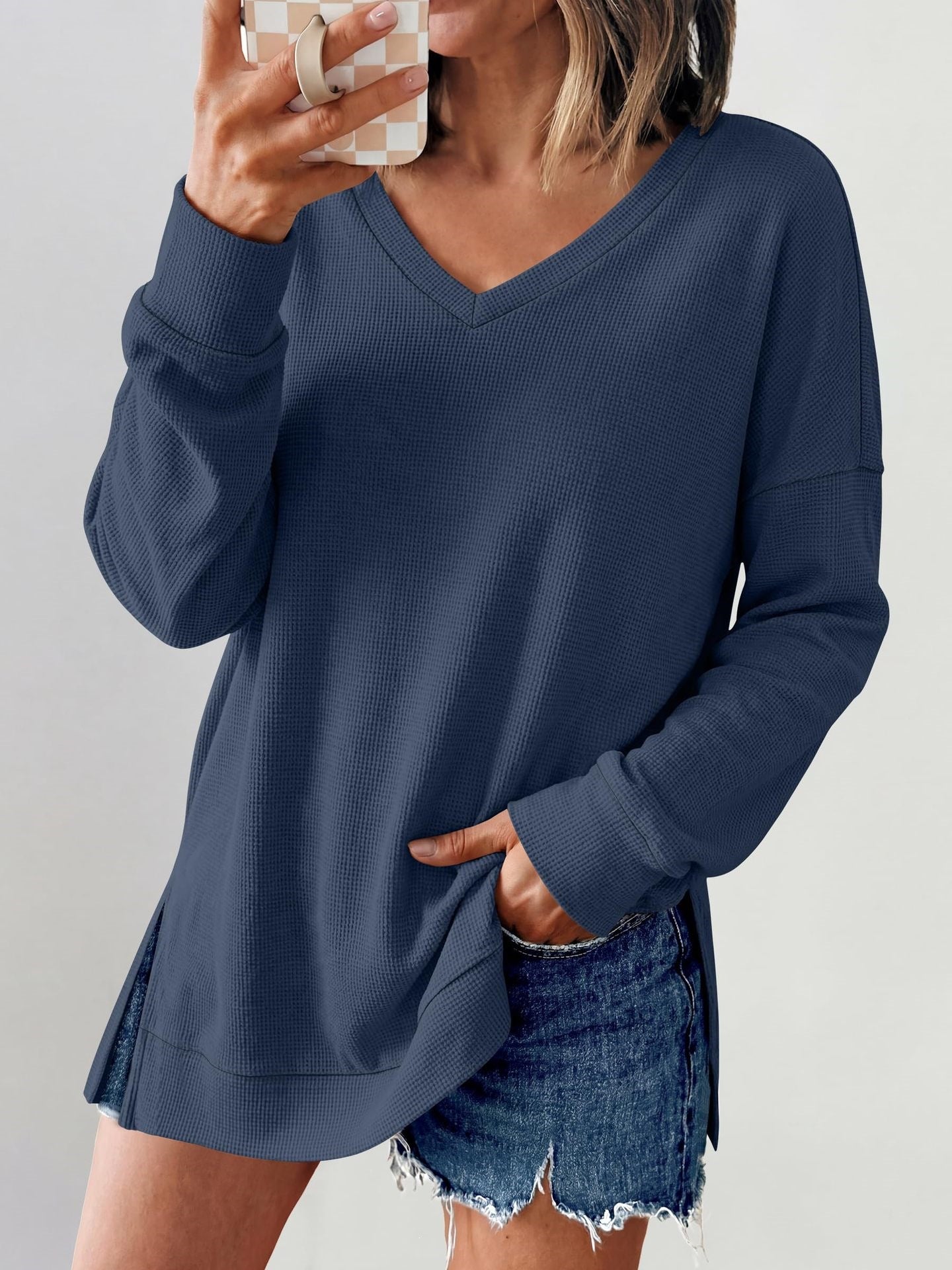 Waffle Knit V Neck Top Relaxed Long Sleeve