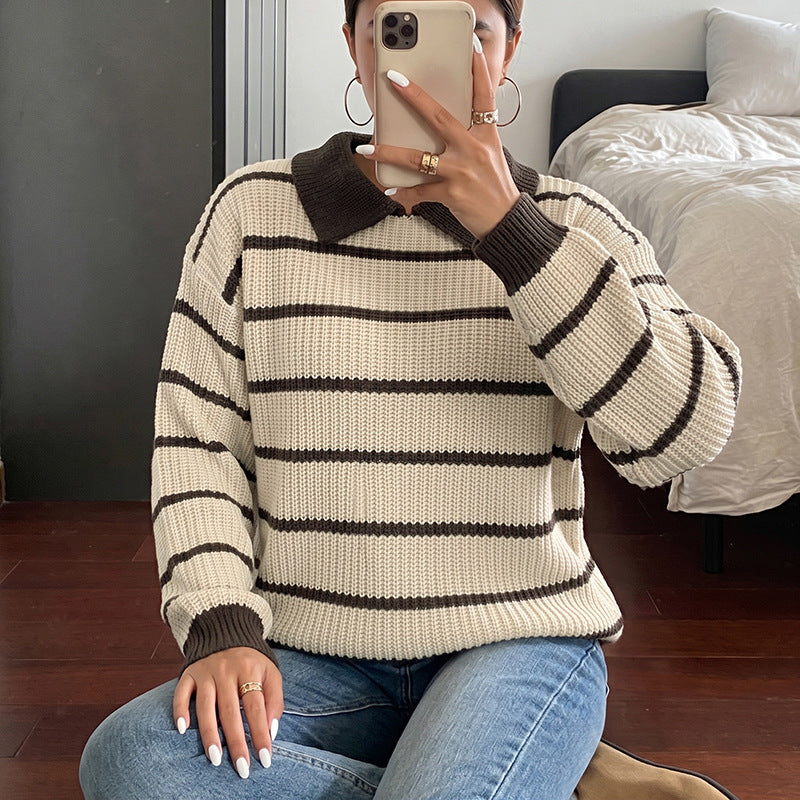 Striped Polo Knit Sweater Relaxed Fit Long Sleeve Pullover