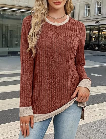 Color Block Ribbed Tunic Top Long Sleeve Pocket Side Slit
