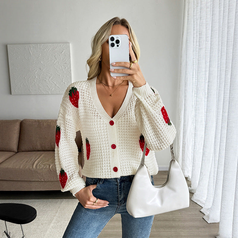 Casual Strawberry Knit Cardigan V-Neck Button Sweater