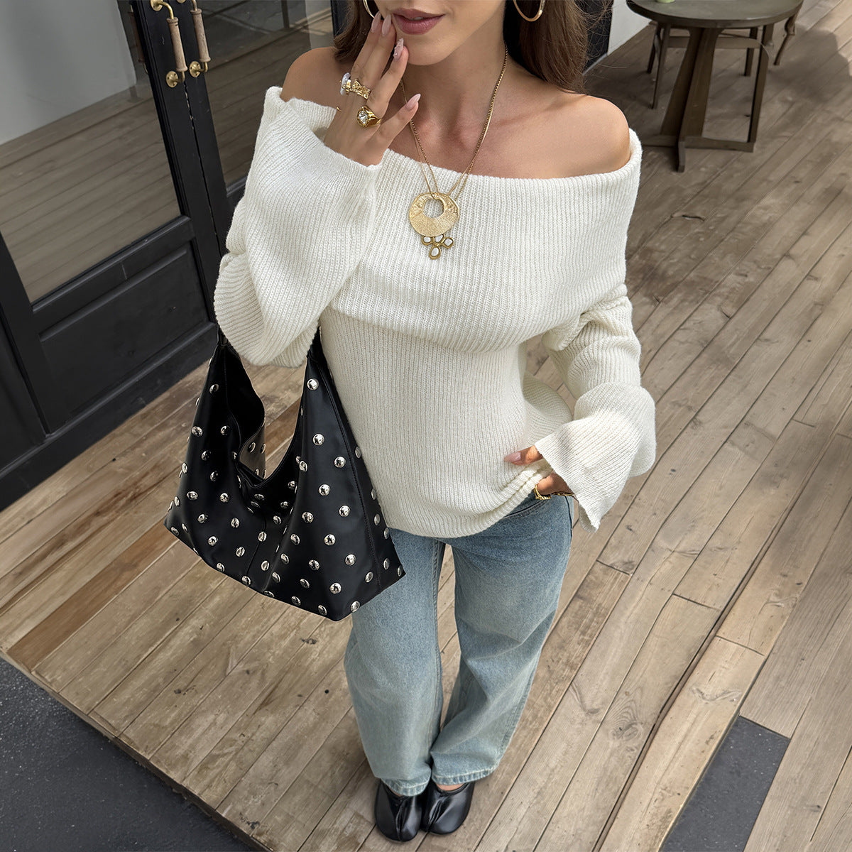 Women's Off Shoulder Bell Sleeve Knit Sweater Top