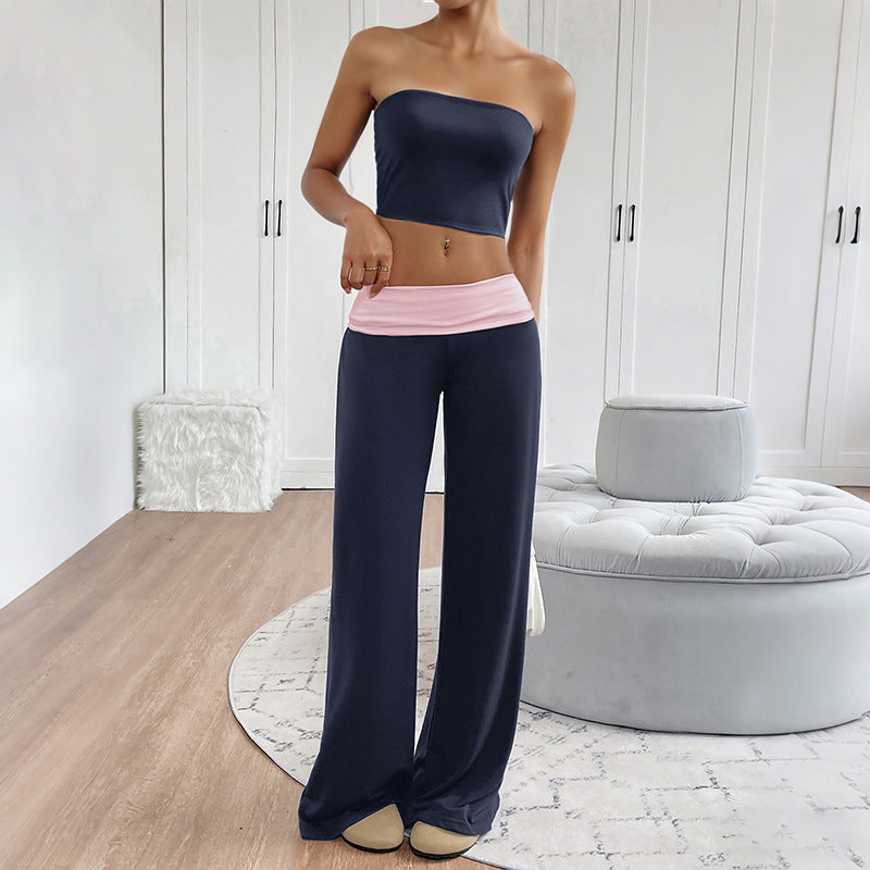 Women Strapless Tube Top Wide Leg Pants Set Summer Outfit