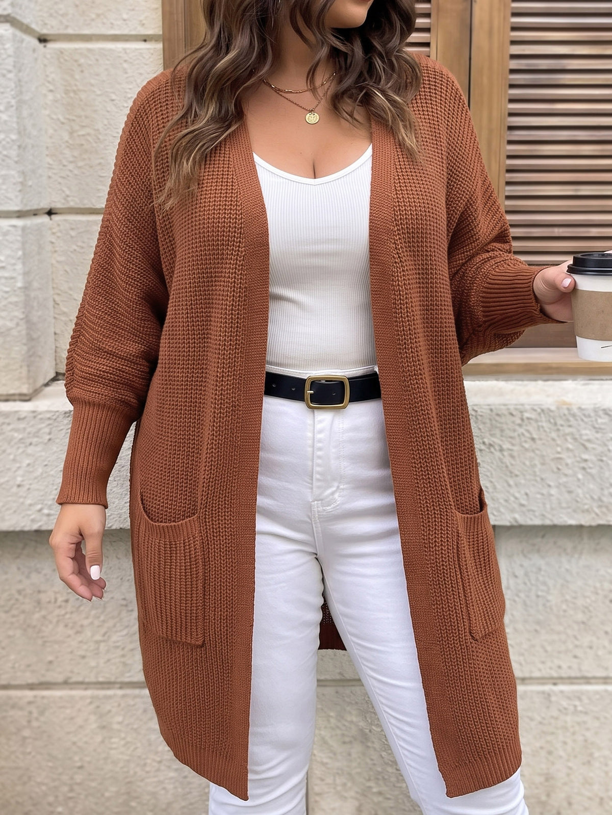 Oversized Batwing Open Front Knit Cardigan with Pockets
