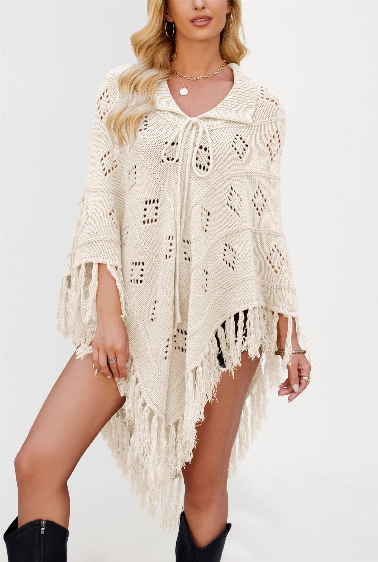 Trendy Women's Tassel Knit Poncho Sweater – Autumn Winter 2026