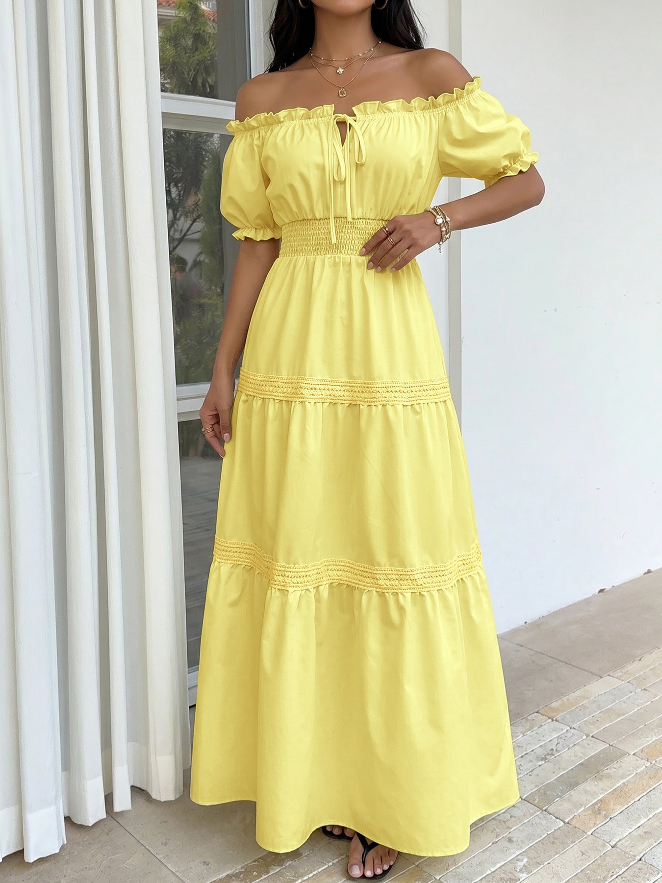 Solid Woven Maxi Dress Resort Smocked Puff Sleeve