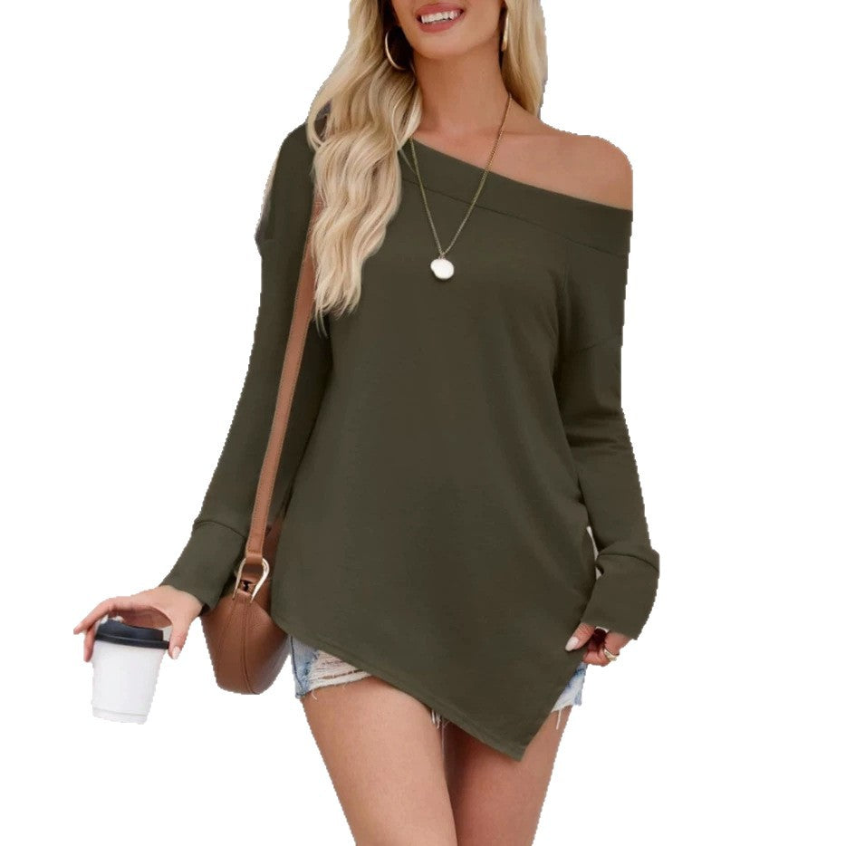 Off Shoulder Long Sleeve Casual Split Hem Tunic Top