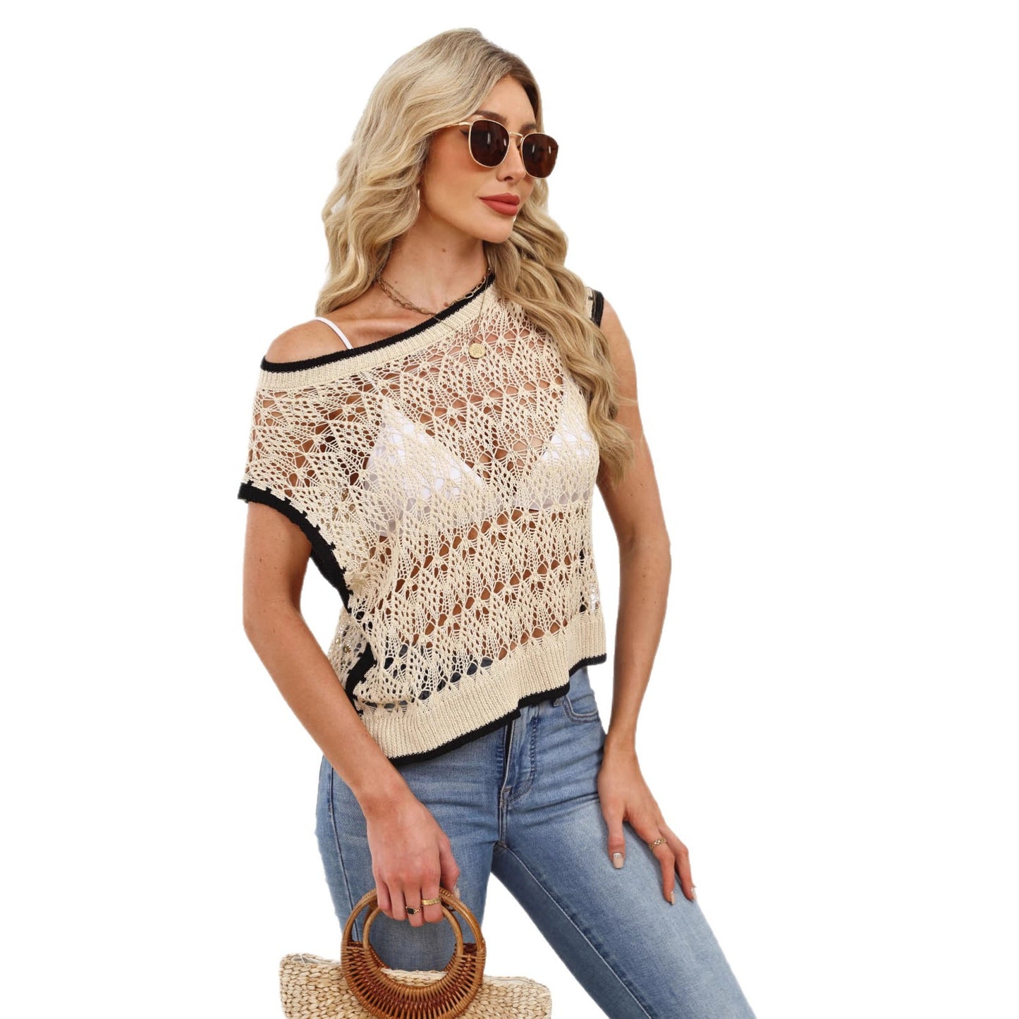Women’s Open Knit Off Shoulder Sweater Vest Top