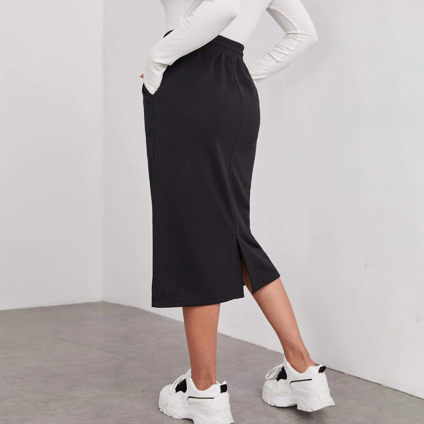 Solid Cotton Blend Skirt Casual Midi Drawstring Pocket