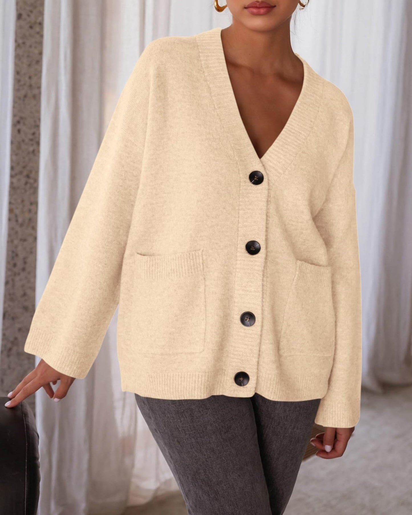 Oversized Button Front Pocket Knit Cardigan