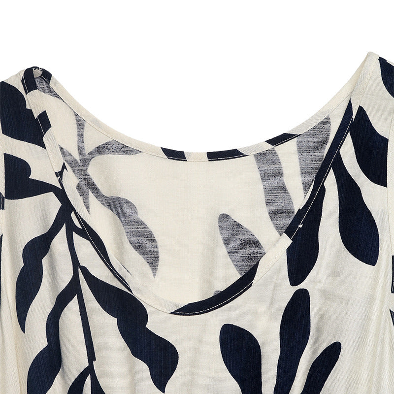 Boho Leaf Print Sleeveless Belted Maxi Dress Split