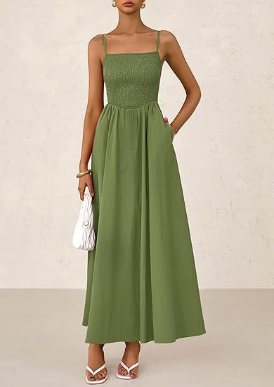 Spaghetti Strap Smocked Maxi Dress with Pockets for Summer
