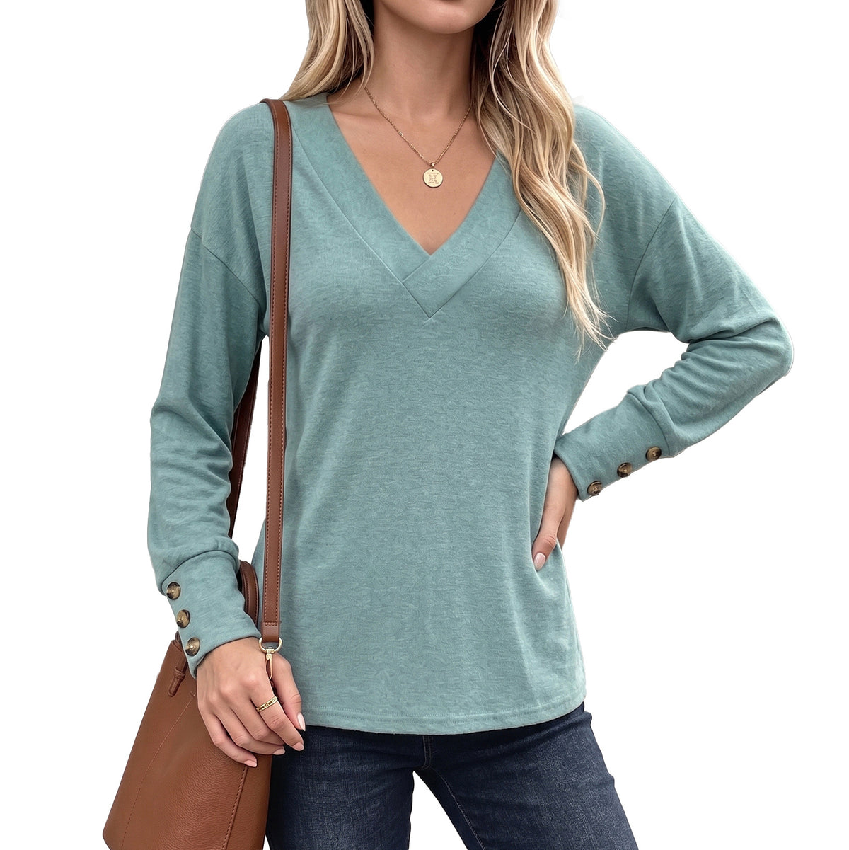 Womens V Neck Long Sleeve Button Cuff Loose Tunic Top