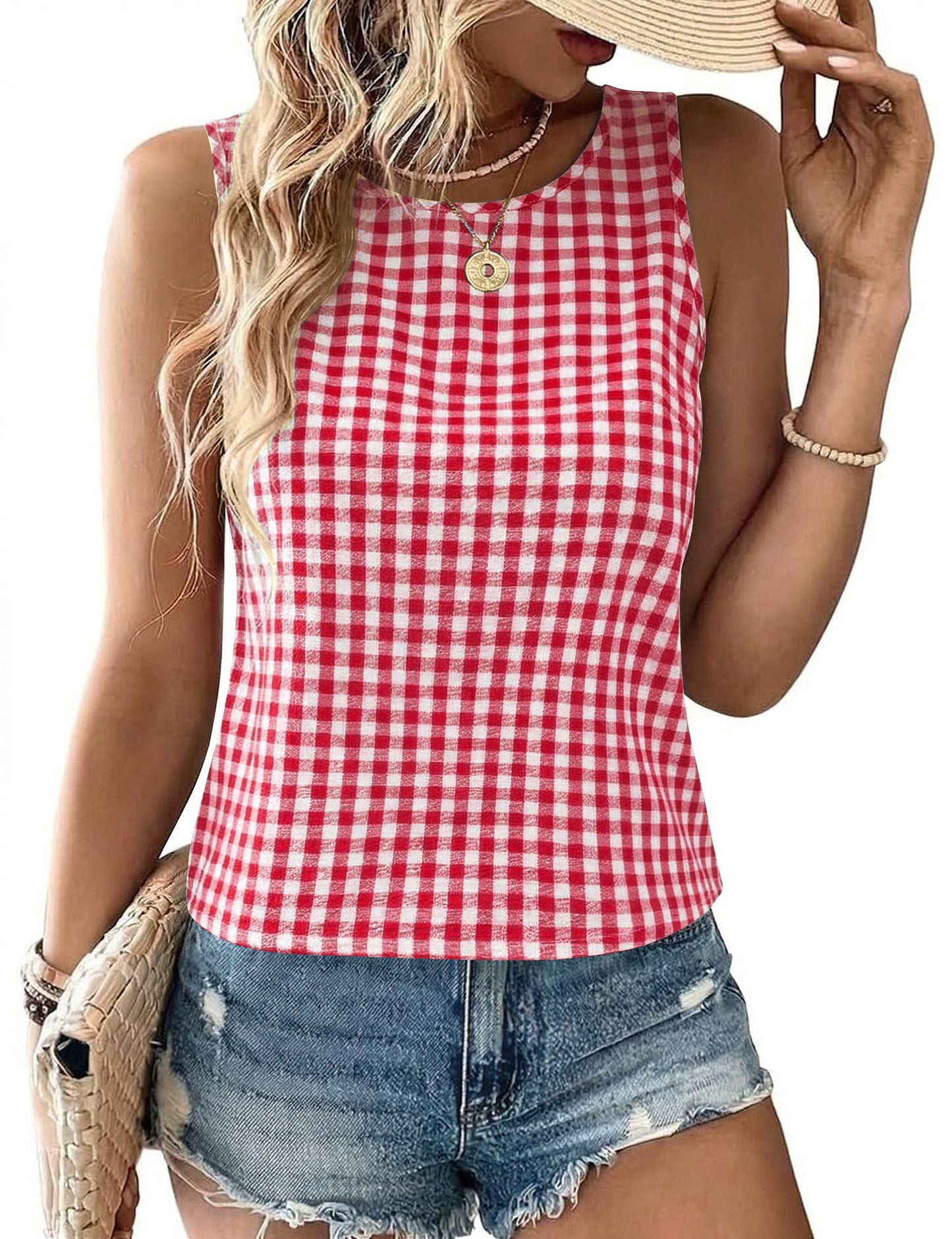 Gingham Cotton Tank Top Casual Sleeveless Crew Neck