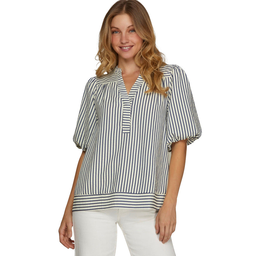 Striped V Neck Puff Sleeve Patchwork Blouse Top