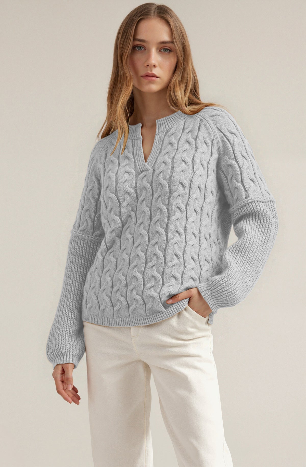 Women's Chunky Cable Knit V Neck Pullover Sweater