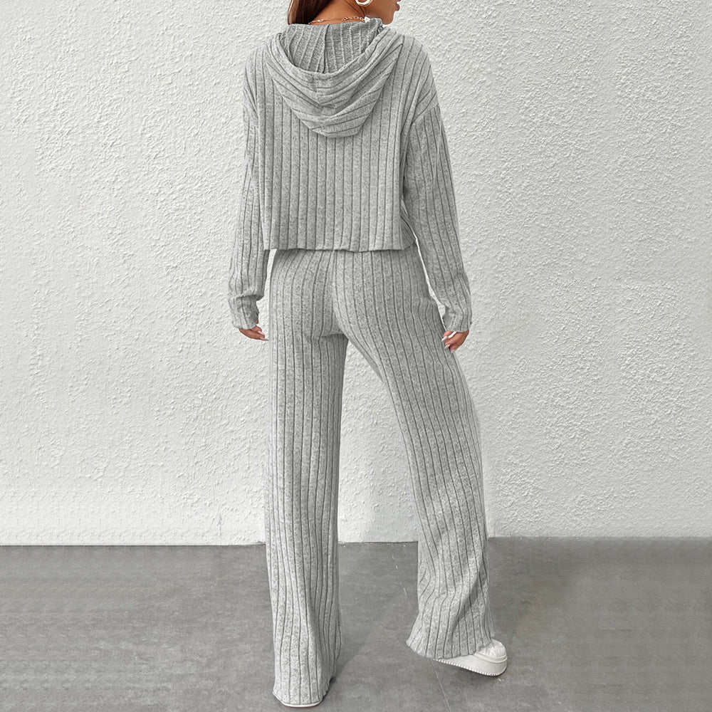 Ribbed Knit Hoodie Wide Leg Pants Lounge Set