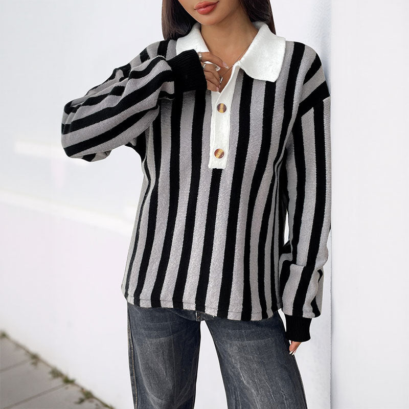 Striped Knit Pullover Sweater with Collar Long Sleeve