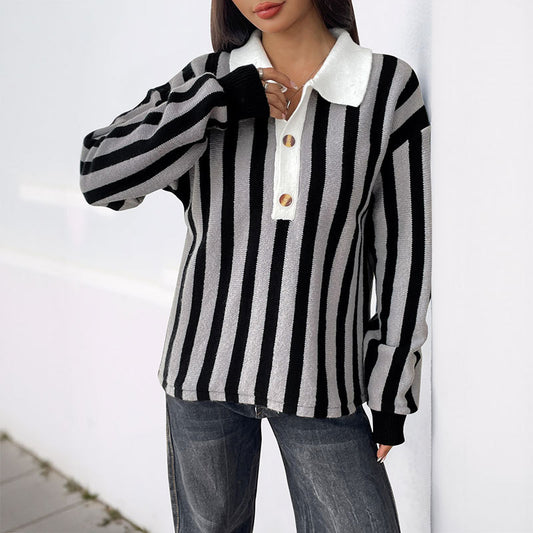 Striped Knit Pullover Sweater with Collar Long Sleeve