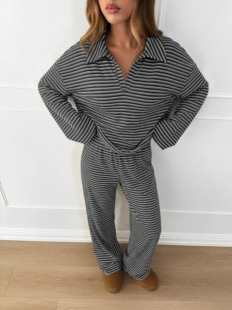 Striped Lounge Set Casual Collared Pullover Wide Leg Pants