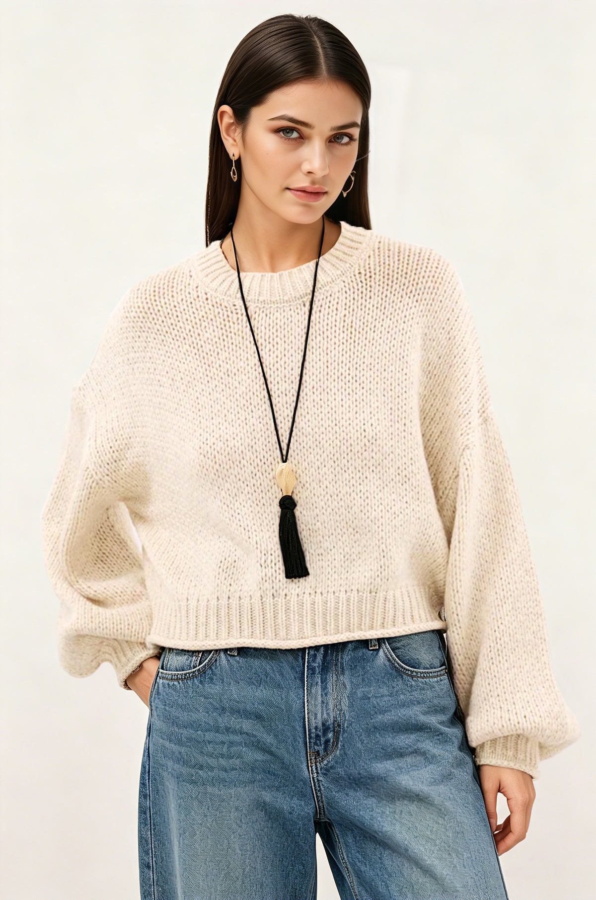 Women's Oversized Cropped Chunky Crew Neck Sweater