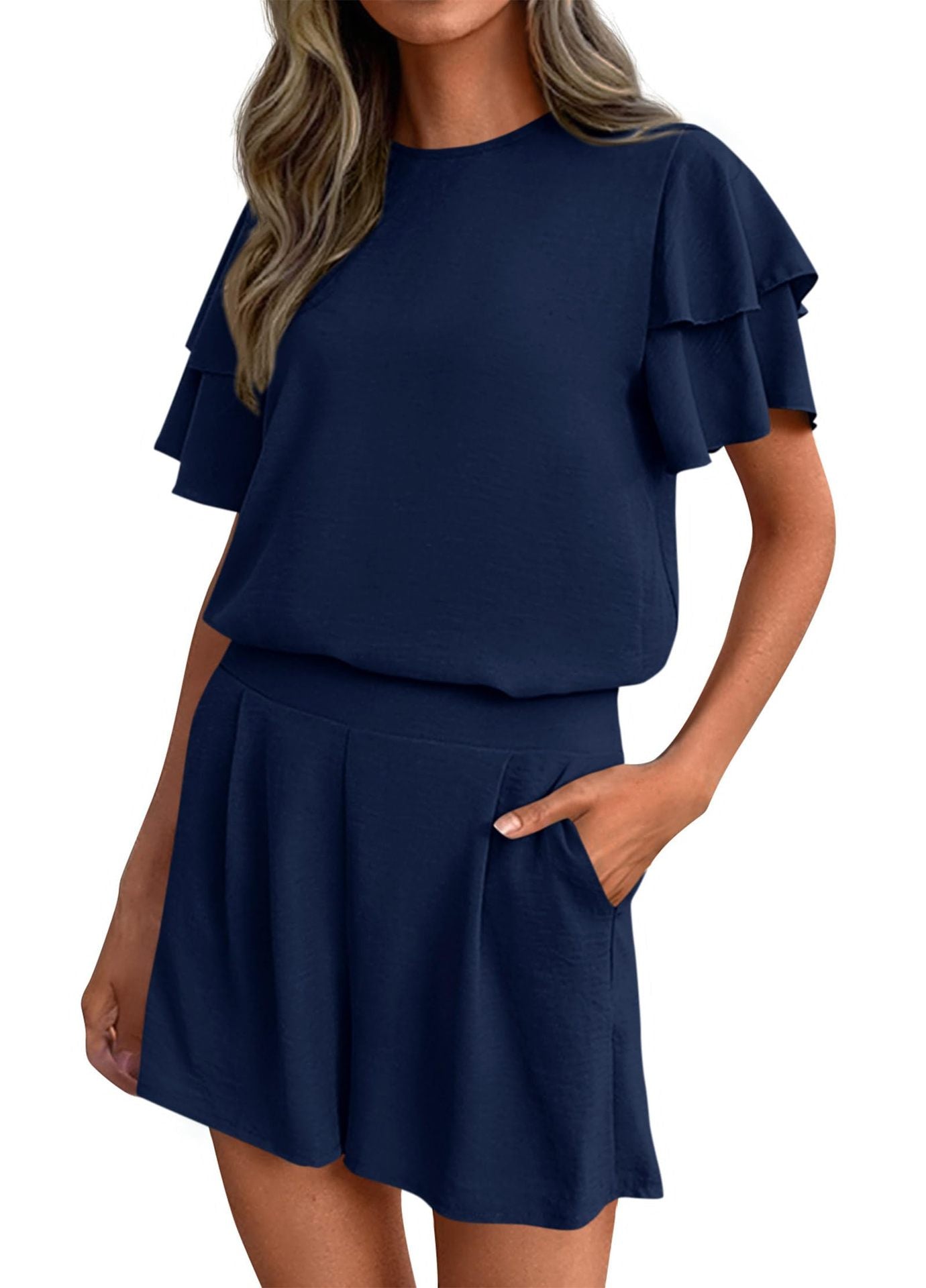 Casual Solid Ruffle Sleeve Short Set Lounge Outfit
