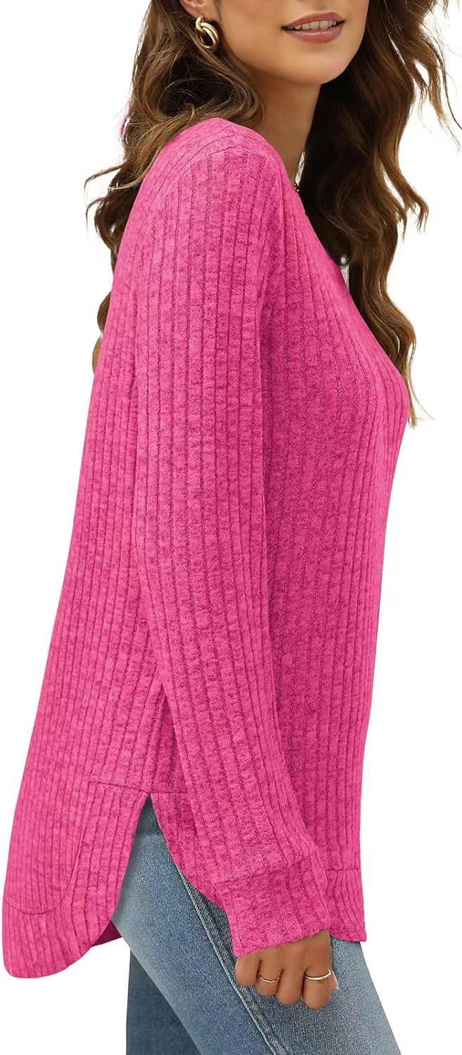 Women's Oversized Ribbed Long Sleeve Crew Neck Tunic Top