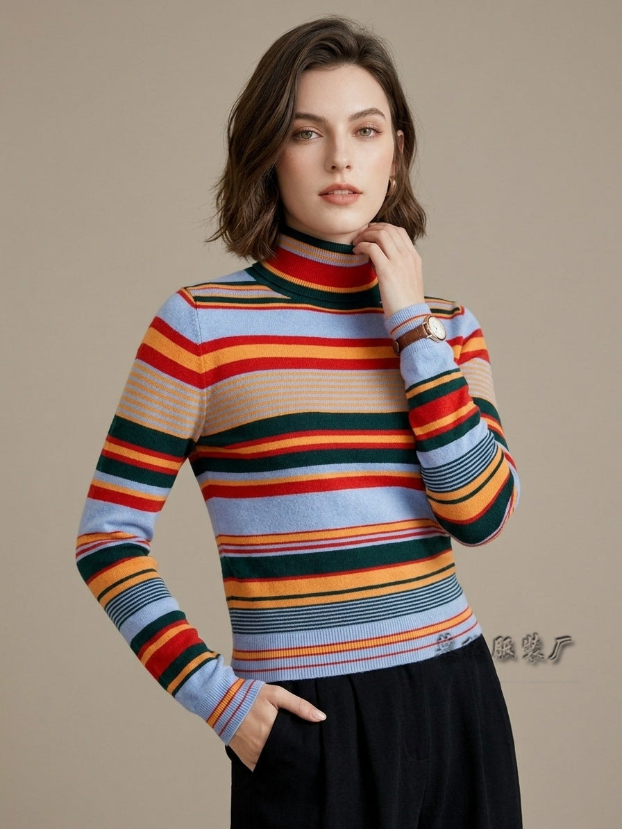 Women's Color Block Striped Turtleneck Knit Sweater
