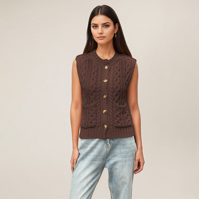 Pocket Knit Vest Sleeveless Cardigan Sweater Casual Layering