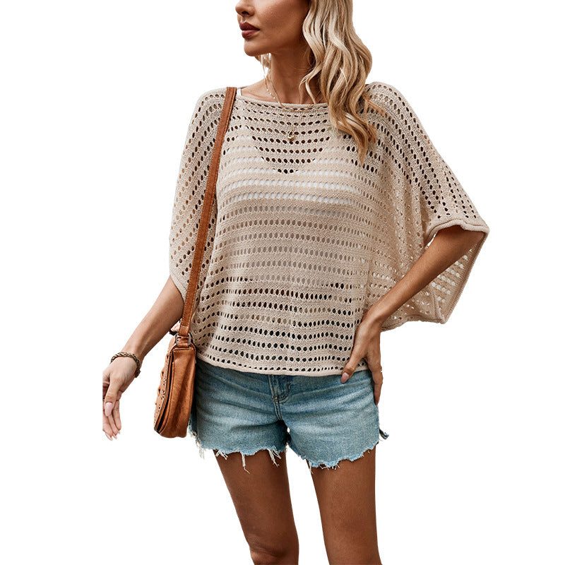 Summer Knit Pullover Top Women Loose Hollow Batwing Sleeve Tee