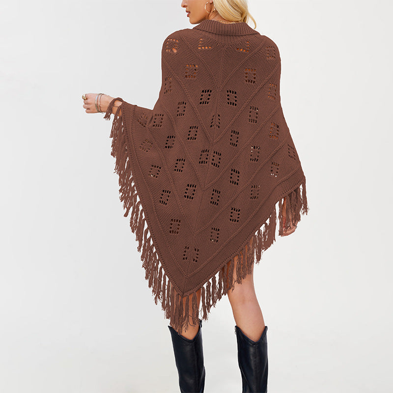 Womens Fringe Knit Poncho Shawl Sweater