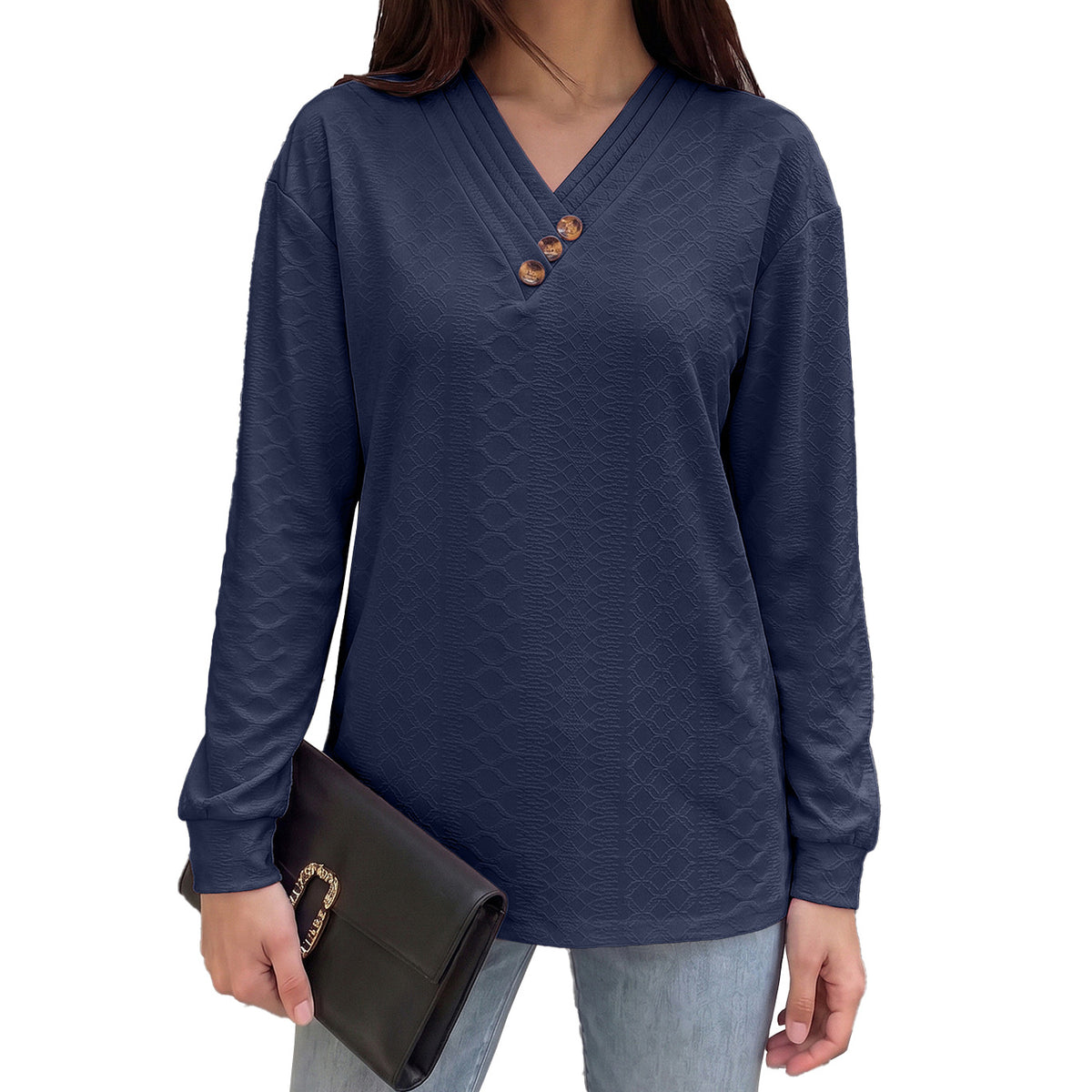 Women's V-Neck Button Detail Textured Long Sleeve Tunic Top