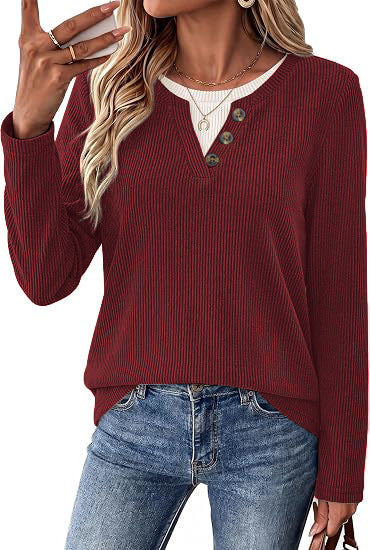 Women's Color Block Ribbed Button Long Sleeve Top