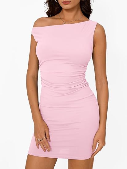 One Shoulder Ruched Bodycon Sleeveless Mini Dress for Women