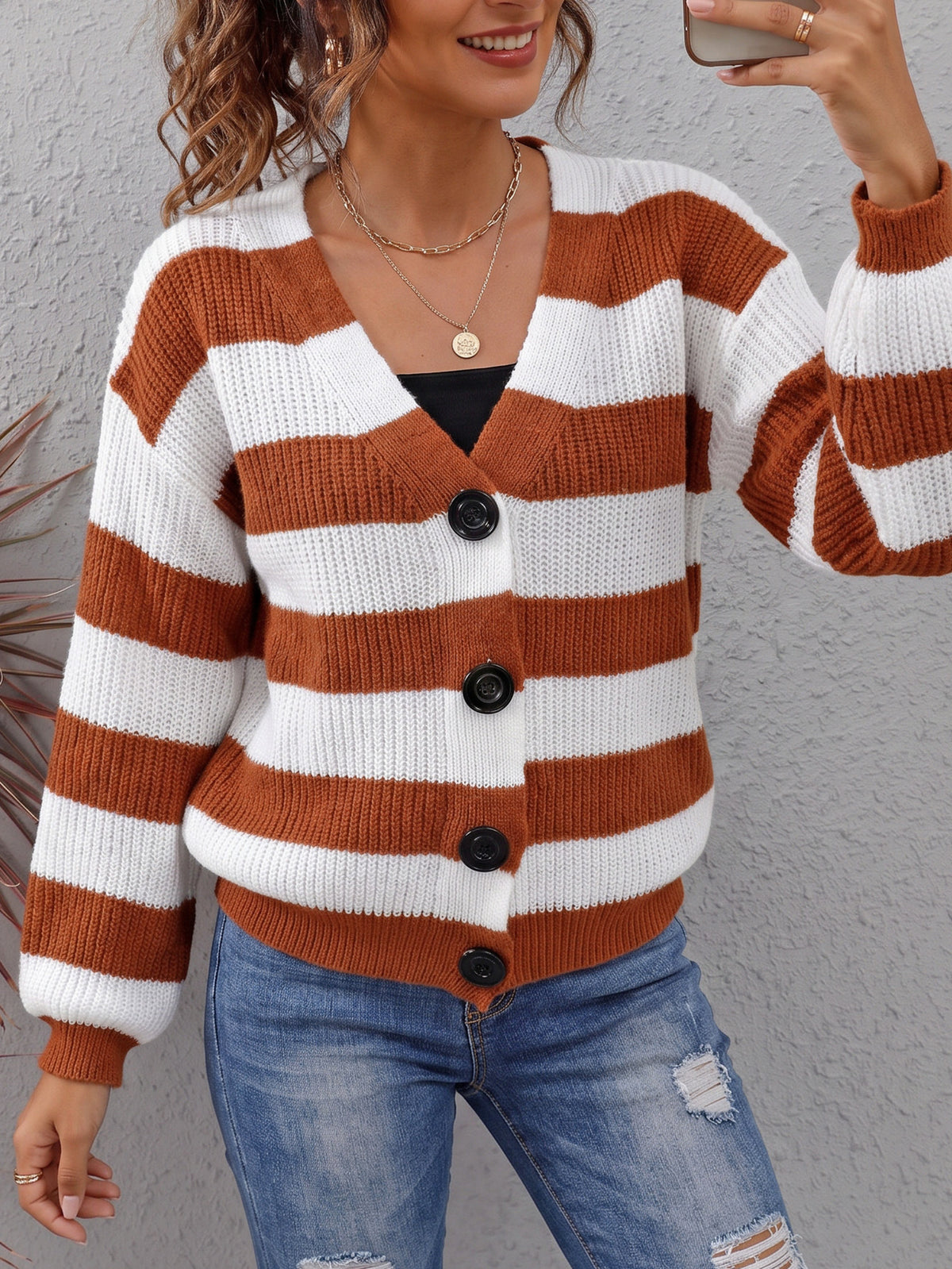 Women's Striped Color Block V Neck Button Front Cardigan