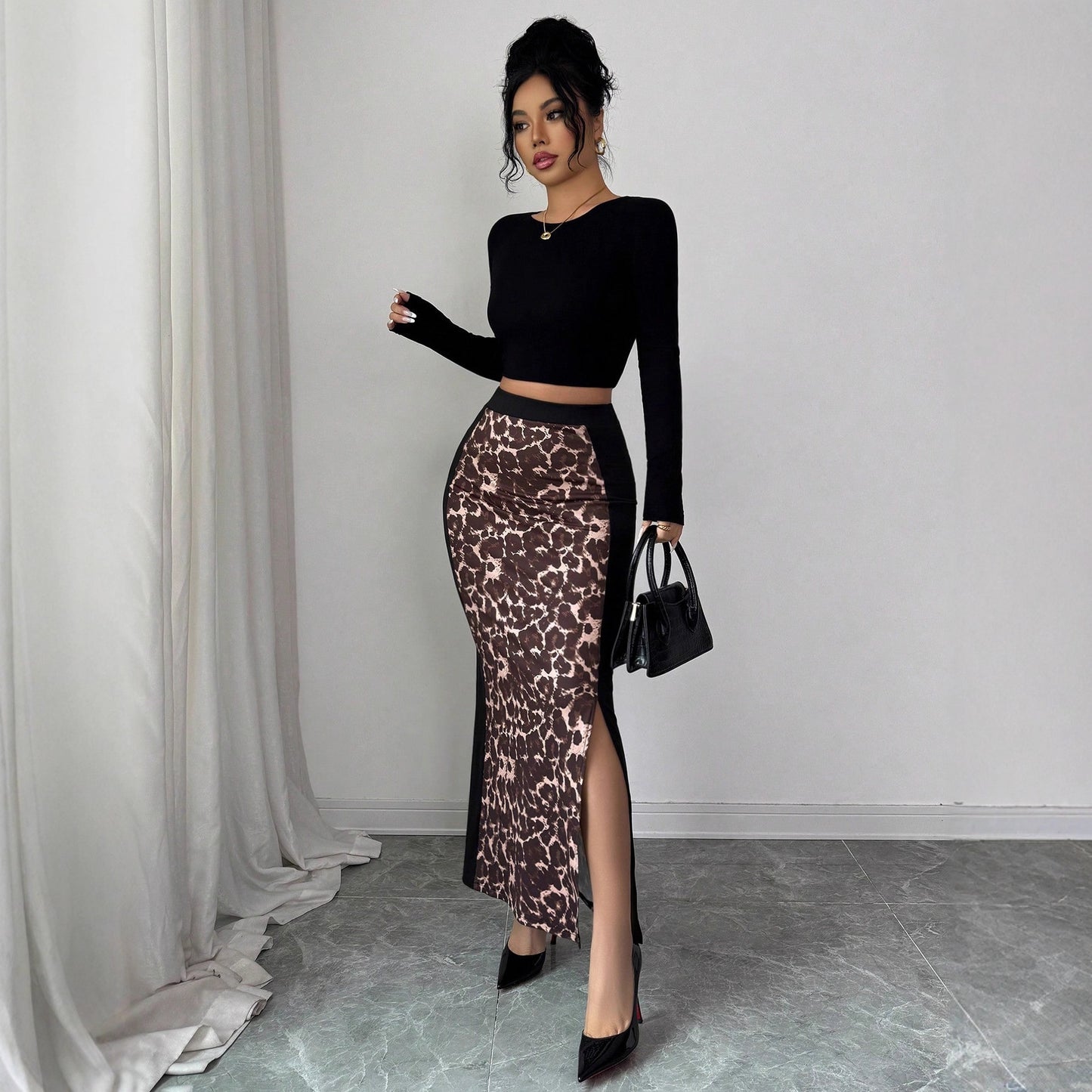 Leopard Print Colorblock High Waist Slit Maxi Skirt